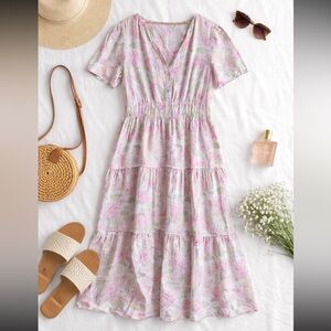 Casa Cabana Linen Floral Midi Dress Woman XL Cottagecore V-Neck Elastic Waist